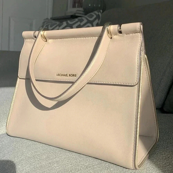 Michael Kors Leather Handbag top handle w/crossbody strap beige w/gold accents - Picture 1 of 16
